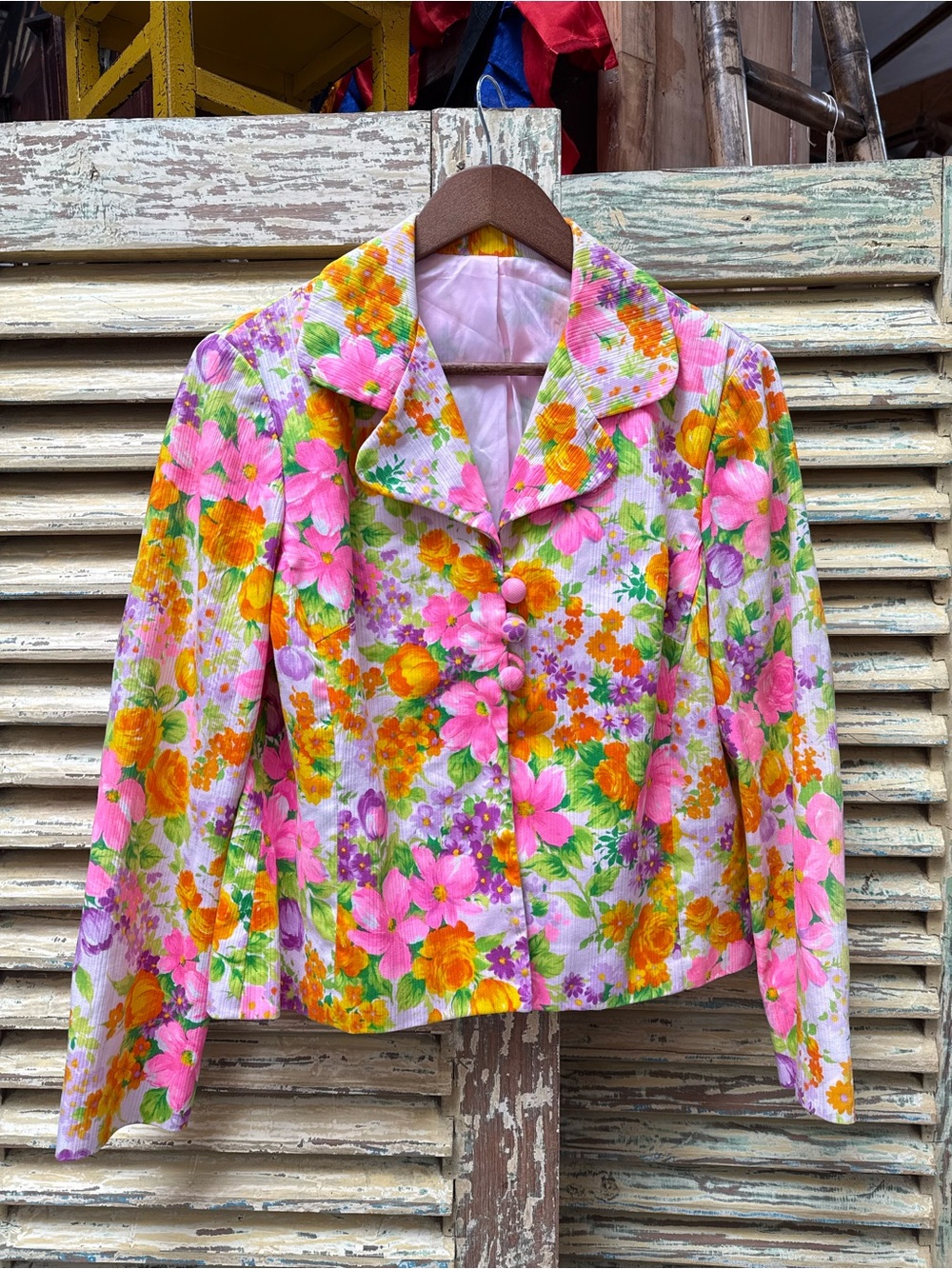 60s Vintage Dayglo Floral Cropped Beagle Collar Jacket Cottagecore Mod Ye-Ye L